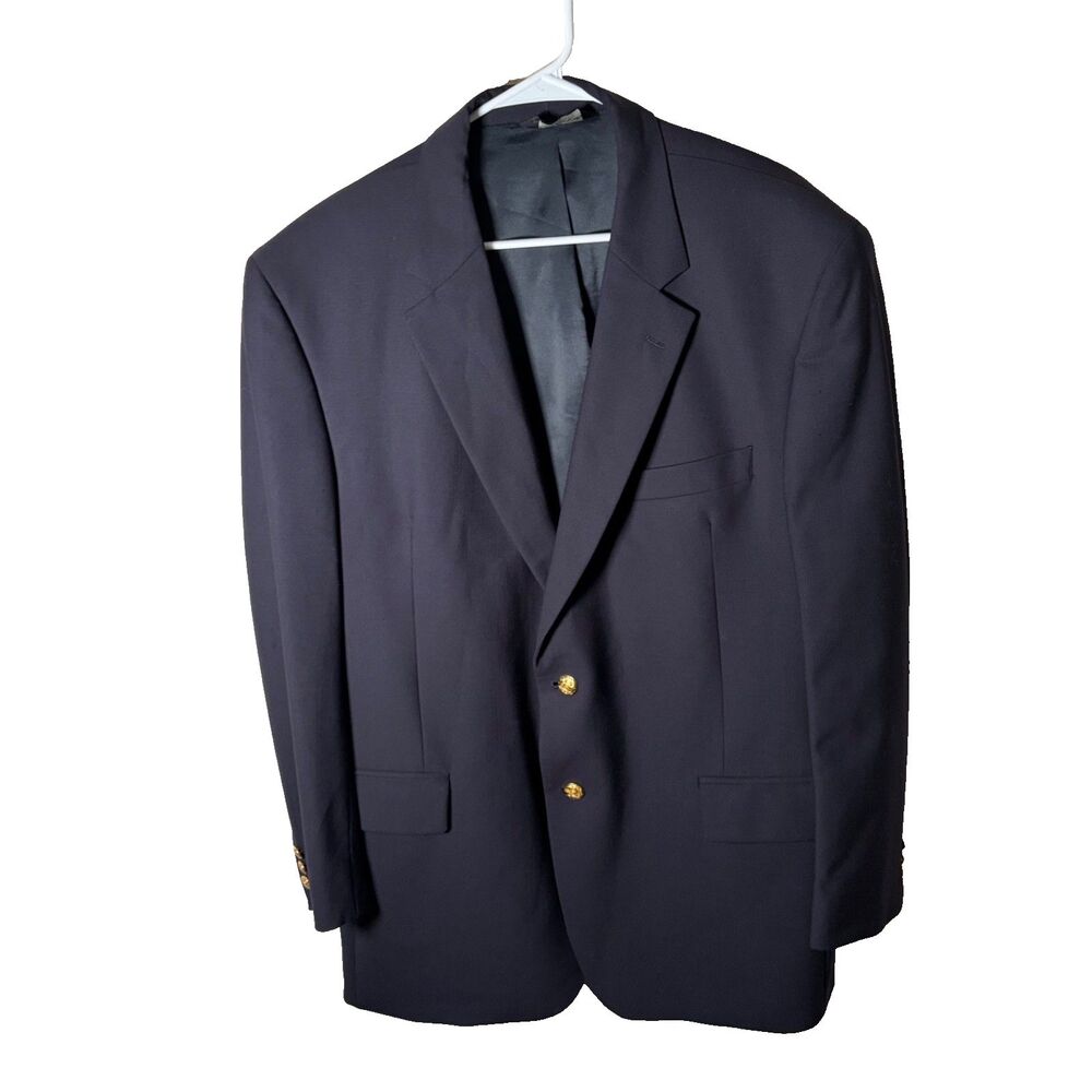 Jos A Bank Traveler's Collection Jacket Men's 46R Wool Blend Navy Gold Button
